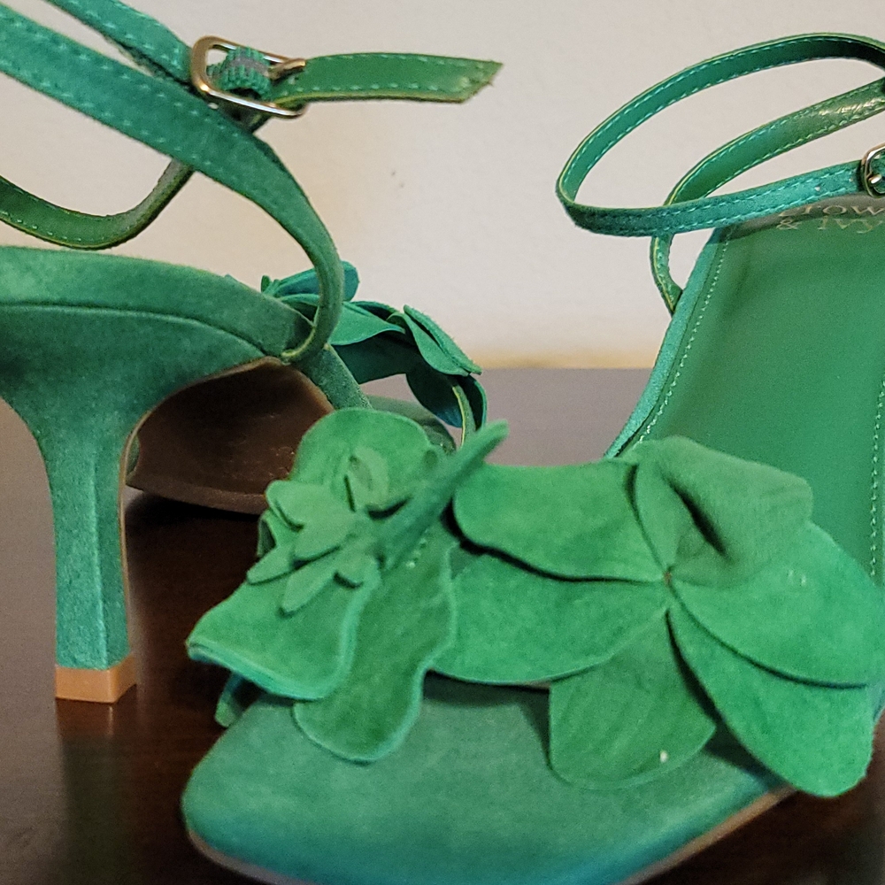 Green Floral Heels with Ankle Straps